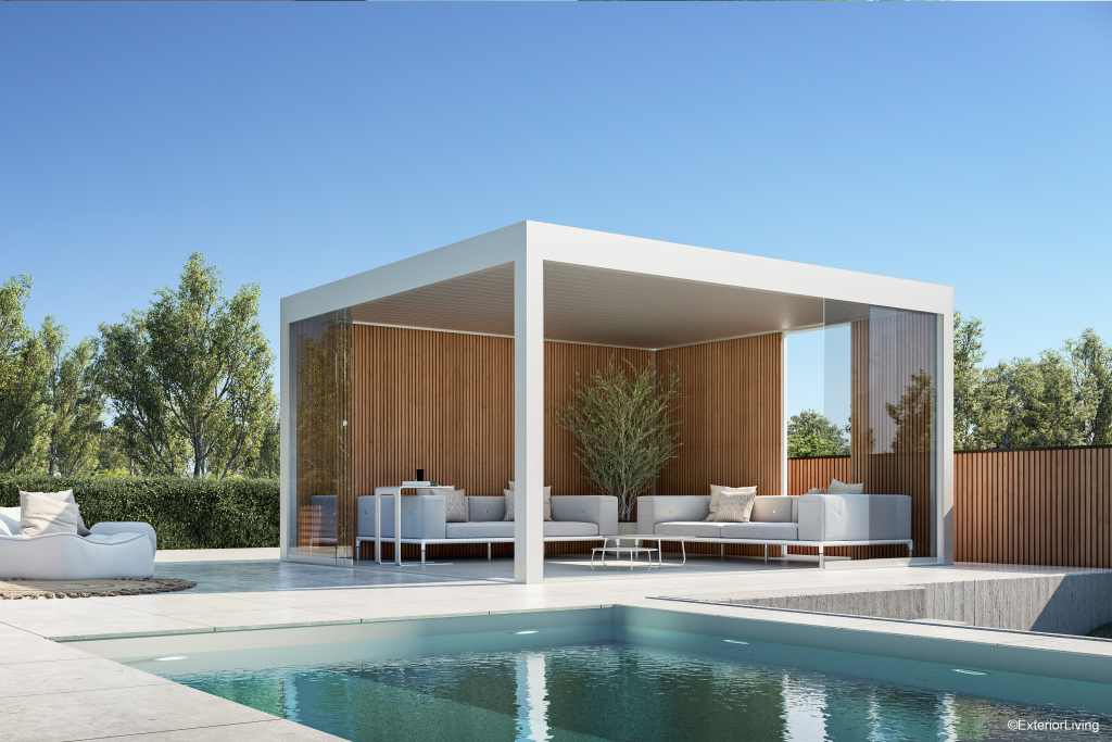 Pergola Maluwi branche en aluminium et bois en bord de piscine.