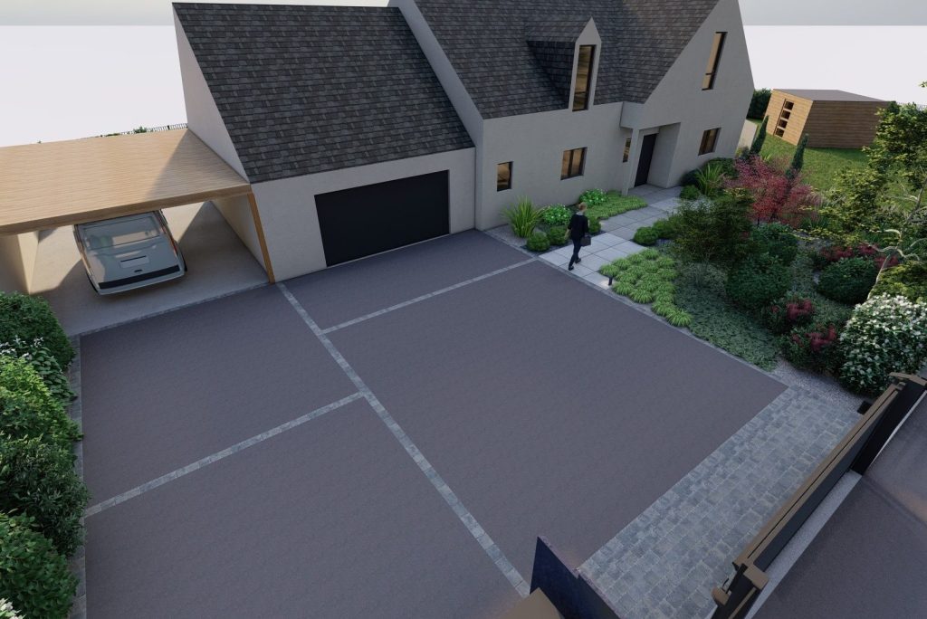Plan 3D d'un accès accueillant, fonctionnel et moderne en enrobé noir et pavés.