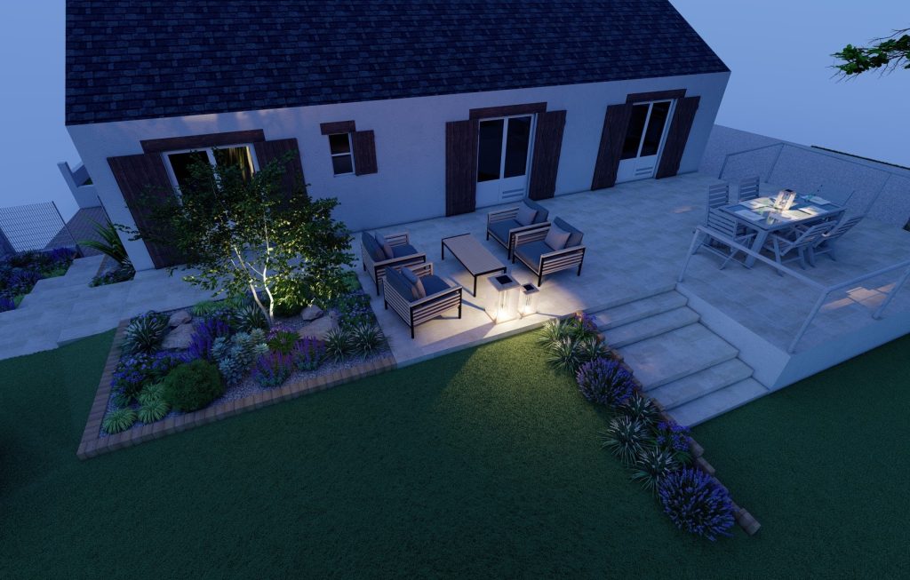 Vue 3D d'un jardin de nuit éclairé par des lampes solaires.