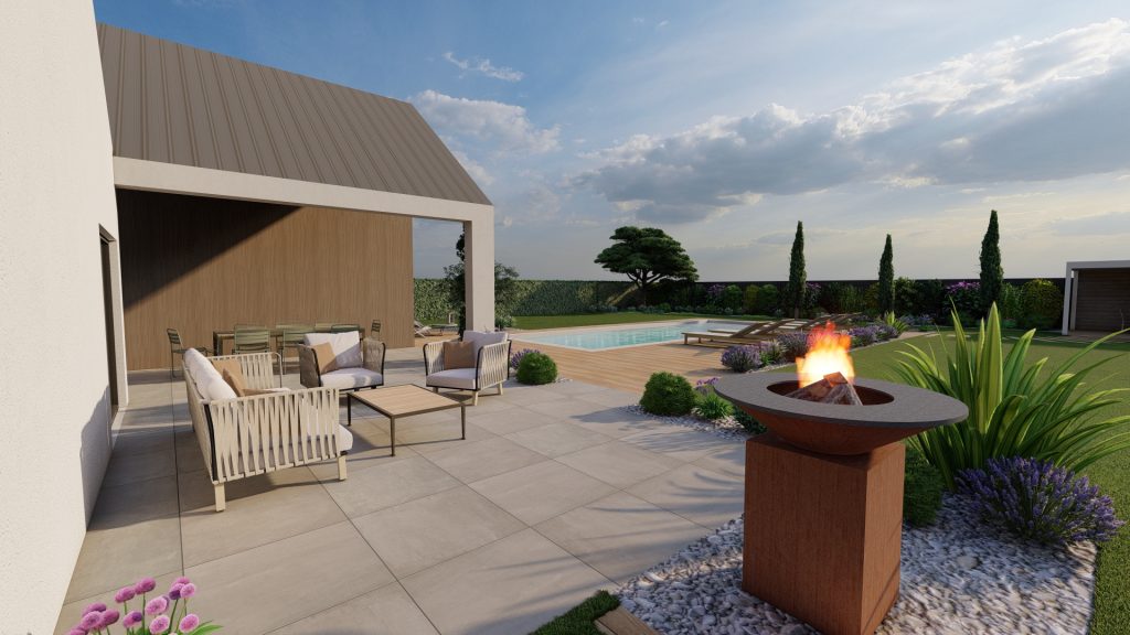 Image de synthèse immersive d'une terrasse dans un jardin harmonieux et créatif.