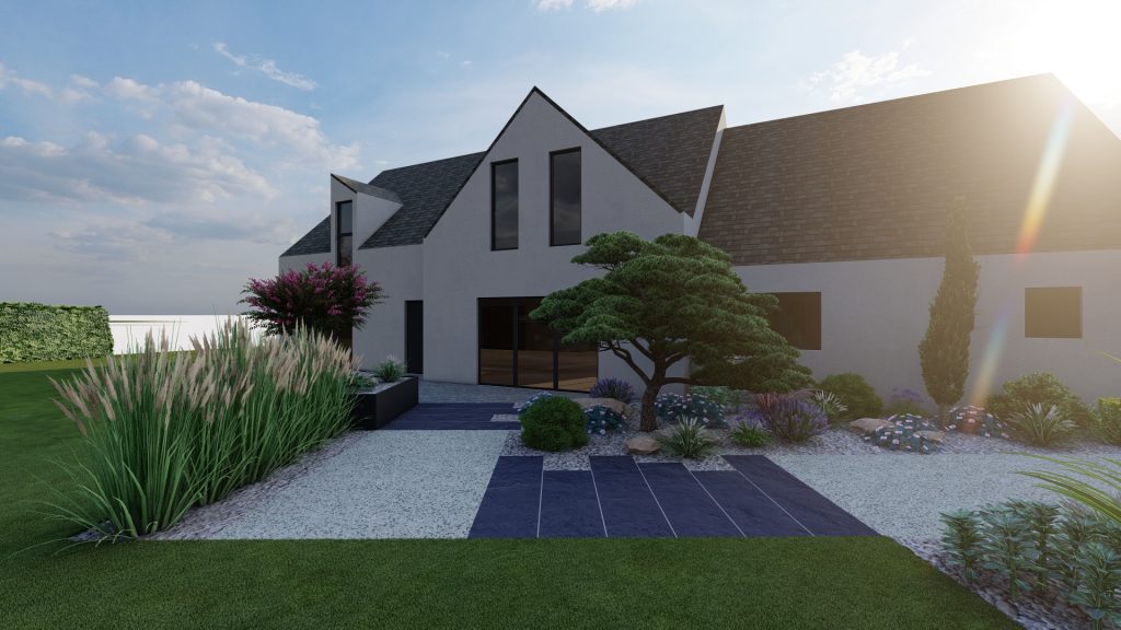 Modélisation 3D par un logiciel, d'un accès de maison design et tendance avec des pas japonais et des massifs paysagers.
