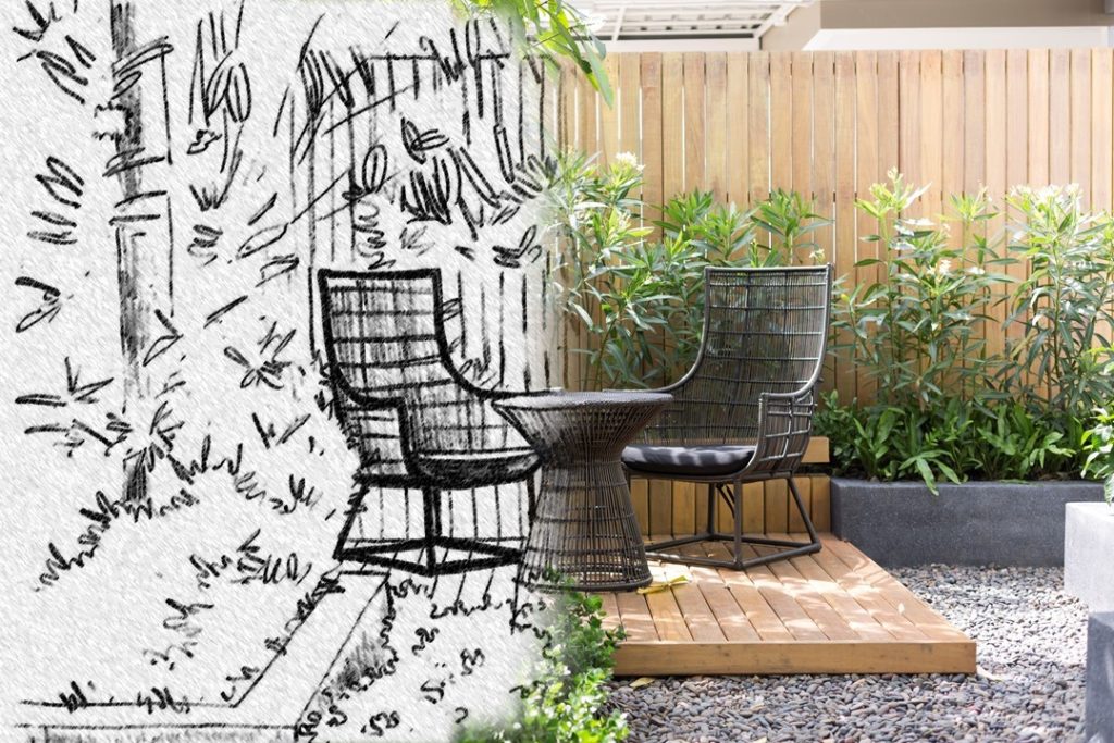 Esquisse d'un aménagement de jardin se transformant en l'image d'un jardin réel.