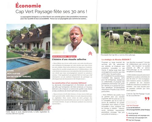 Article de journal de Cap Vert Paysage dans le magazine municipal Trait d'Union de Sorigny.
