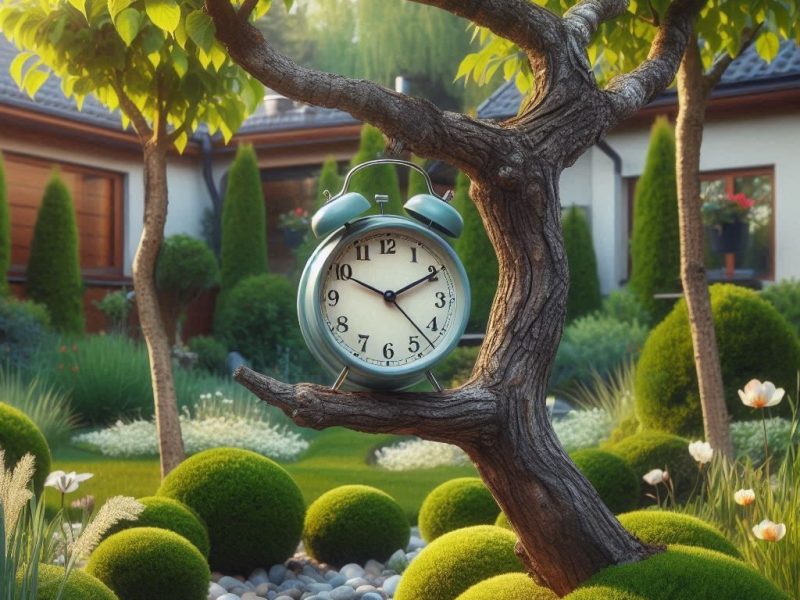 Réveil posé sur un arbre dans un jardin paysager illustrant la nécessité de prendre le temps nécessaire pour concevoir un projet de jardin abouti.