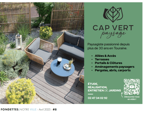 Encart publicitaire de Cap Vert Paysage dans le magazine municipal Fondettes Notre Ville.