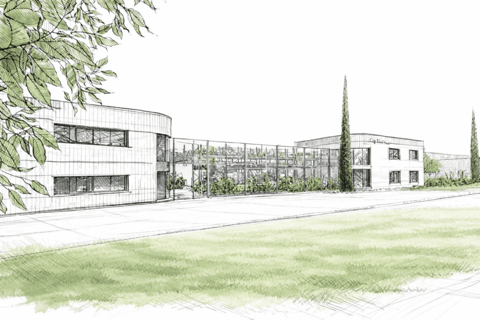 Esquisse représentant les bâtiments de l'entreprise Cap Vert Paysage, paysagiste situé à Sorigny